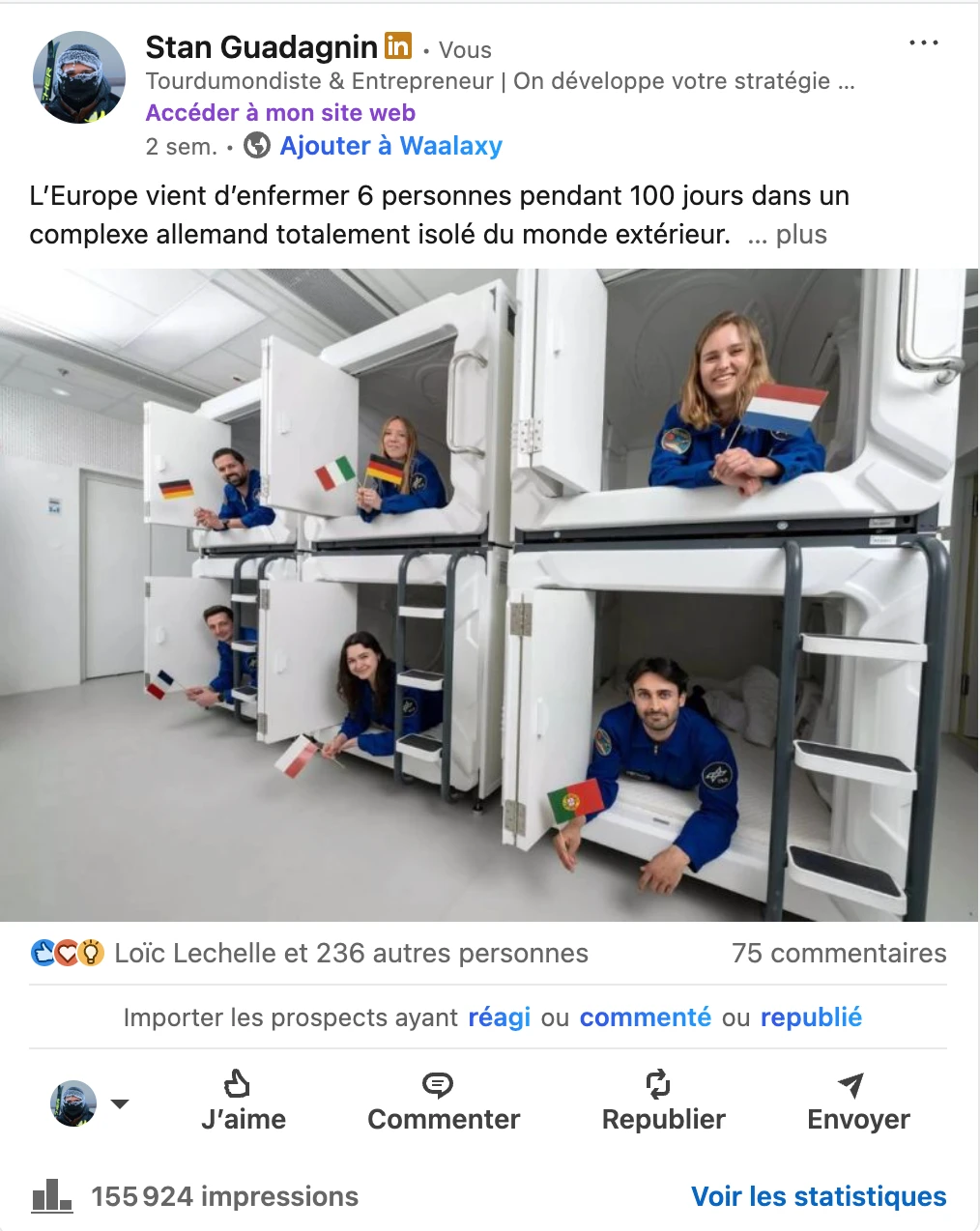 Post LinkedIn réel de Stan Guadagnin