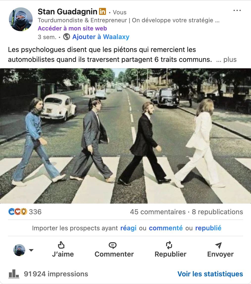 Post LinkedIn réel de Stan Guadagnin