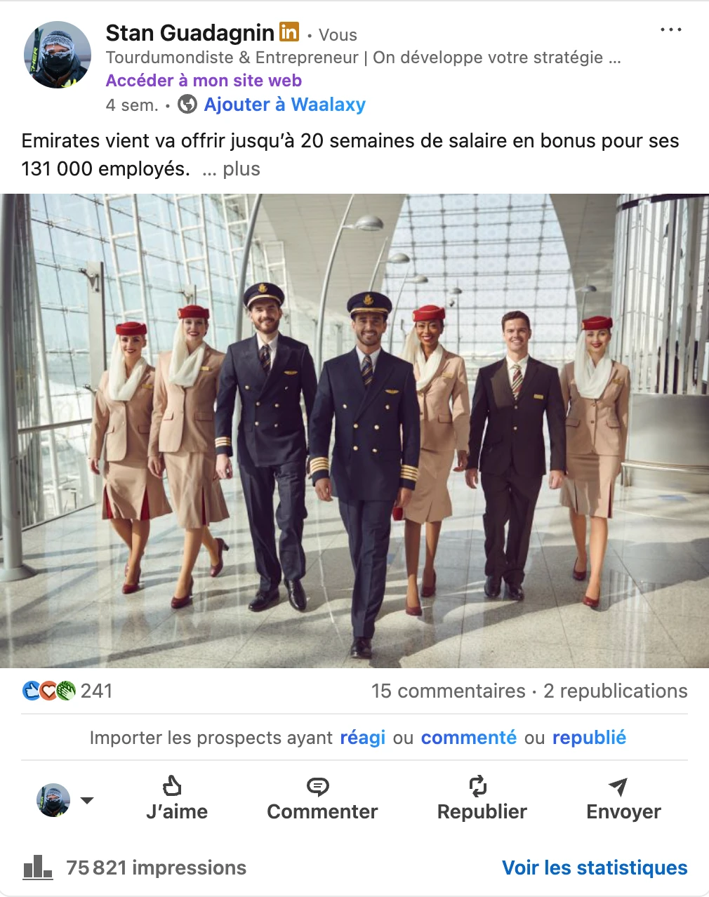 Post LinkedIn réel de Stan Guadagnin